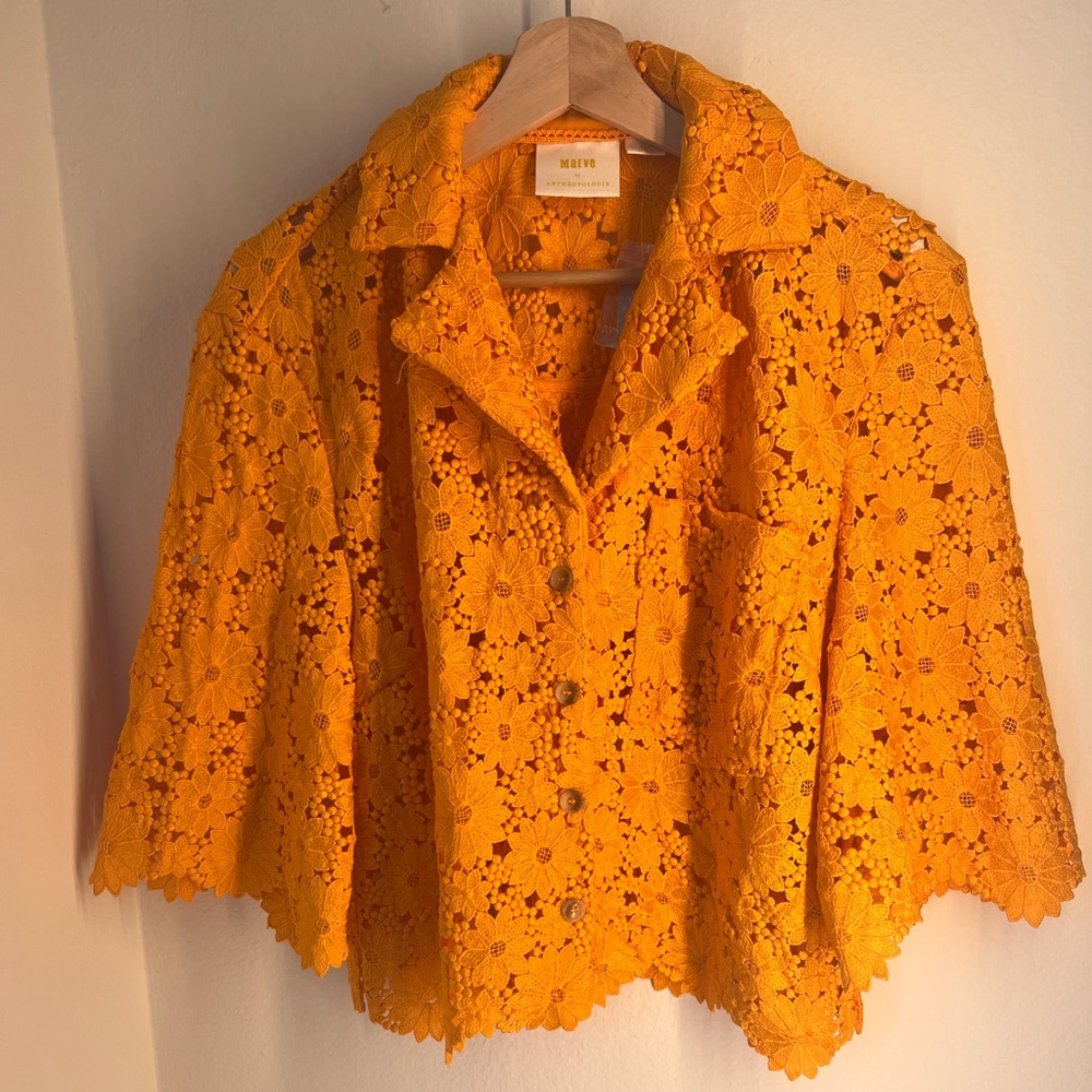 Anthropologie Bright Orange Floral Lace Button-Down Top